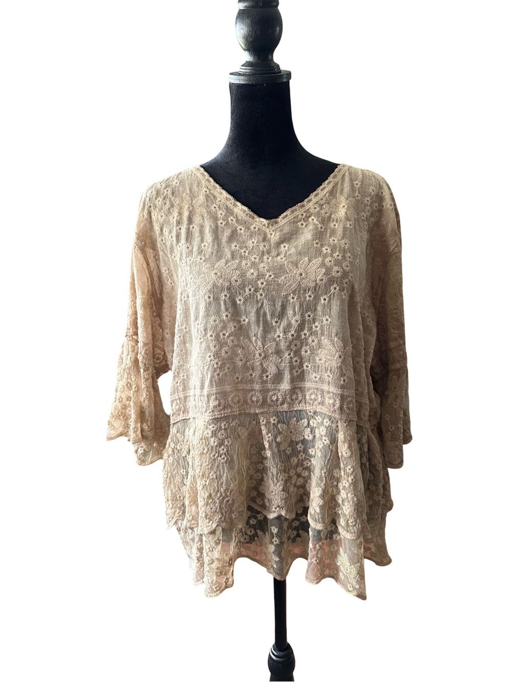 Boho Lace V-Neck Peplum Top in Beige YT13